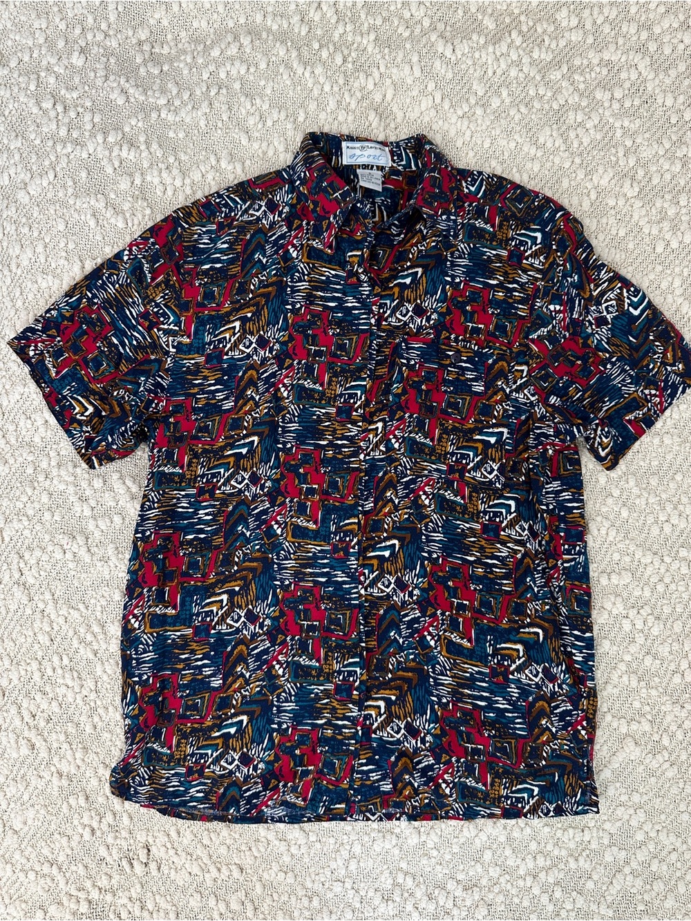 VTG Maggie Lawrence Sport Rayon Shirt S Abstract Geometric Print Short Sleeve